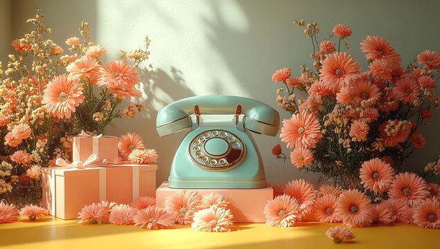  Vintage Turquoise Telephone with Pink Flowers and Pastel Gift Boxes