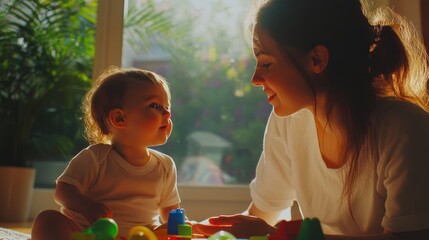 A mother engages joyfully with her baby in a sunlit room filled with colorful toys.