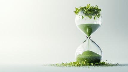 An hourglass filled with green sand and plants, symbolizing time and nature's balance.
