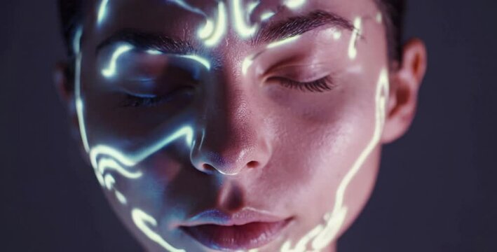 Futuristic Woman with closed eyes, Experiencing Digital Neural Activation with Shimmering Moving Lines on Face with Hallucinatory Visions, trance