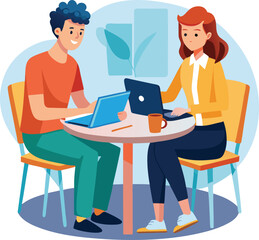 People shaking hands at work - Two businesspeople, man and woman doing handshake in office at work while smiling over business agreement and deal. Flat design stock illustration on white background