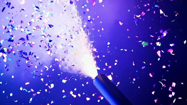 Shiny confetti bursts from a party popper filling the air on purple and blue background, creating a festive ambiance during a celebration
