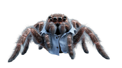 The Spider in a Suit:  A large, hairy spider in a blue shirt, its eight legs and beady eyes staring intensely, creating an unsettling and humorous juxtaposition between nature and fashion.