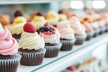 cupcakes in a bakery display case.