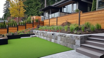 Vibrant green artificial turf paired with a rich wooden fence, creating a contemporary front yard with easy maintenance.