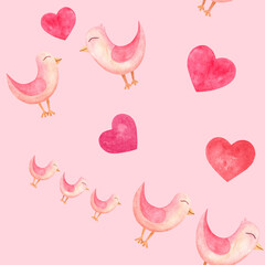 Seamless pattern of watercolor illustrations in naive style with stylized family birds. Seamless texture on the theme of love, naivety, spontaneity. For Valentine's Day, children's parties.