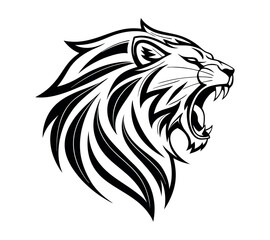 A high-contrast black and white vector illustration of a roaring lion's head,