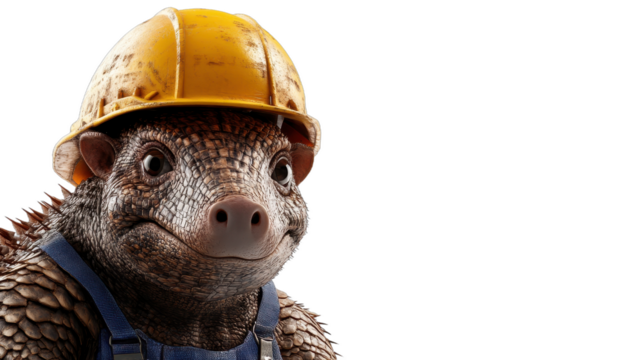 Construction Armadillo: A cartoon armadillo, sporting a yellow hard hat and blue overalls, looks directly at the viewer with a determined yet friendly expression.