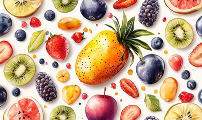 Vibrant tropical fruit pattern in watercolor style for summer designs