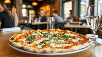 Delicious Gourmet Pizza in a Cozy Urban Restaurant A Close-Up Culinary Photography Showcase