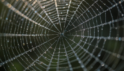 Dew-covered spiderweb with intricate, delicate thread patterns close-up
