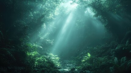 Fototapeta premium A serene forest scene with sunlight filtering through dense foliage.
