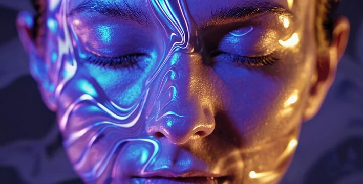 Futuristic Woman with closed eyes with Shimmering holographic Moving Lines on Face with Hallucinatory Visions, trance
