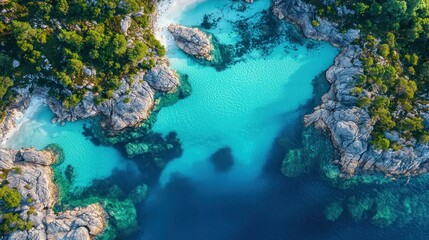 Obraz premium Secluded cove, turquoise water, aerial view, rocky shores, summer vacation