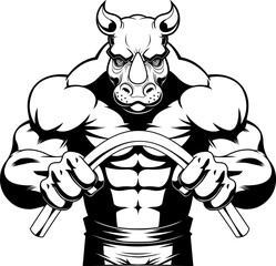 Outlined Fierce Bodybuilder Rhino Bending Steel Bar Sports Mascot Logo Design