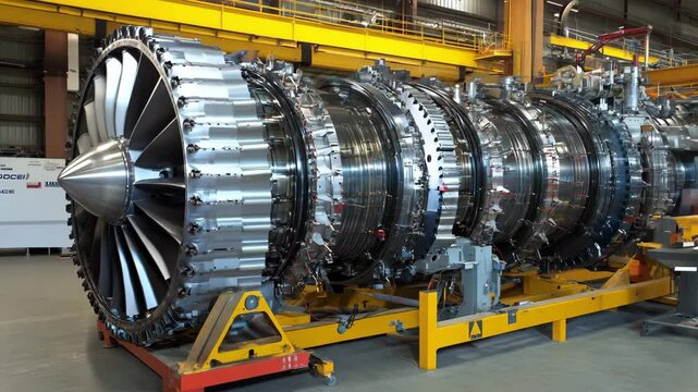 Assembly of a massive jet engine highlighting technical expertise and innovative design in a busy industrial setting