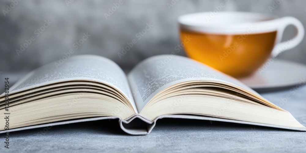Poster an open book sits on a table next to a cup of tea, perfect for a cozy reading session