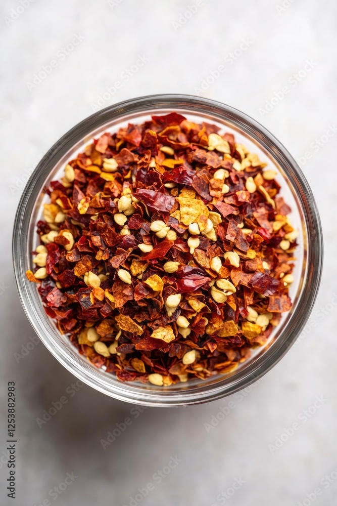 Poster a close-up shot of a glass bowl filled with vibrant red and yellow flakes, perfect for use in design