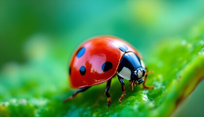 Fototapeta premium Colorful background with ladybug on leaf on foreground and blurred nature background. 