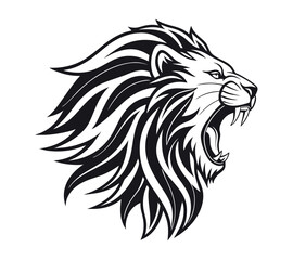 A high-contrast black and white vector illustration of a roaring lion's head,