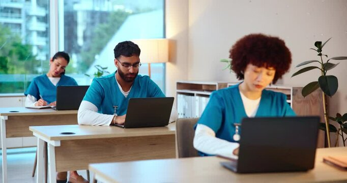 People, nurse and studying with laptop for medical exam, test or nursing course at hospital. Group, junior interns or healthcare scrubs with computer for health training, practice or examination