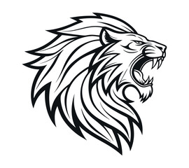 A high-contrast black and white vector illustration of a roaring lion's head,