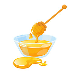 Raw natural honey in glass bowl with wooden honey dipper isolated on white background.
