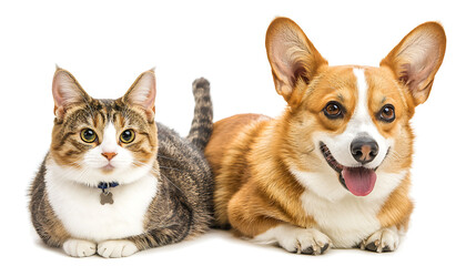 A cat and a dog are laying down next to each other