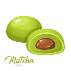 Vector icon of japanese dessert mochi with matcha flavor isolated on white background.

