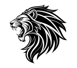 A high-contrast black and white vector illustration of a roaring lion's head,