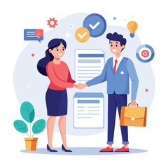 People shaking hands at work - Two businesspeople, man and woman doing handshake in office at work while smiling over business agreement and deal. Flat design stock illustration on white background