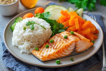 A dish featuring salmon, carrots, and rice, perfect for a healthy meal