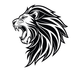 A high-contrast black and white vector illustration of a roaring lion's head,