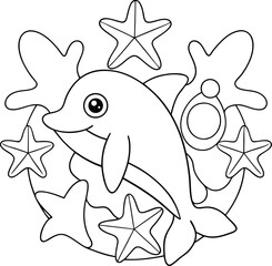 Cute Cartoon Dolphin Coloring Page with Starfish and Ring