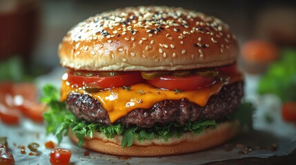 Delicious cheeseburger with lettuce, tomato, pickles, and sesame seeds on bun