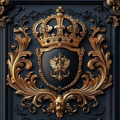 A detailed and ornate royal crest set against an intricate dark background