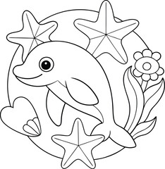 Adorable Dolphin Coloring Page with Starfish, Seashells, and Flowers