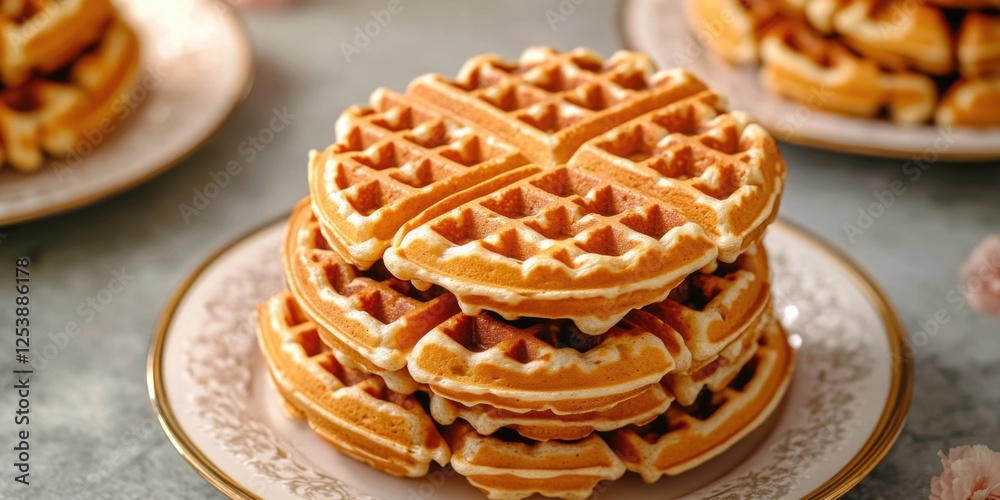 Poster a stack of crispy waffles on a plate, ready for serving