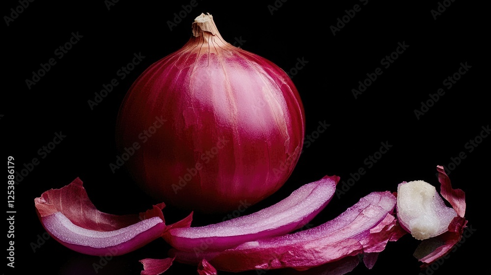 Poster A single red onion surrounded by sliced onions on a table