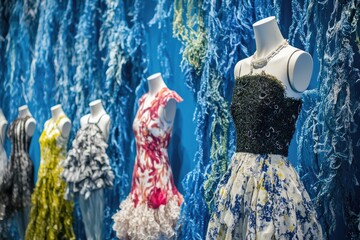 Fashion display, models in bright outfits, storefront window