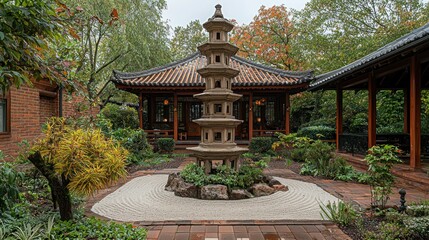 Obraz premium Serene Asian garden courtyard, pagoda centerpiece, autumn foliage