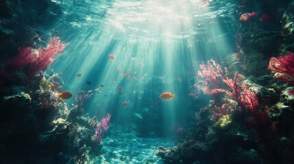 Fototapeta premium Sunbeams Illuminate Vibrant Coral Reef Fish
