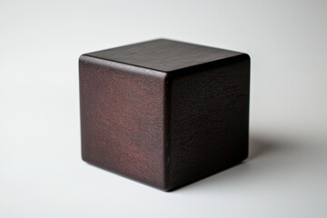 A perfectly crafted dark chocolate cube, with precise edges and deep brown tones, resting on a simple white background, exuding sophistication