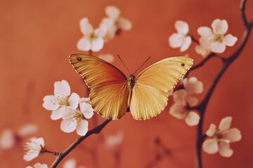 A butterfly sits on the branch of a tree, surrounded by greenery