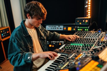 A young music producer creating electronic beats in a professional studio