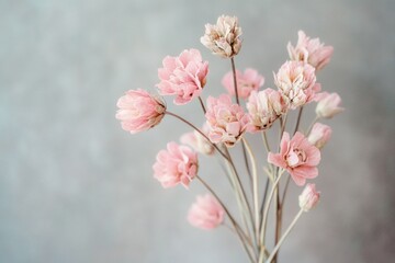 Fototapeta premium A still life image of a vase filled with pink flowers sitting on a table