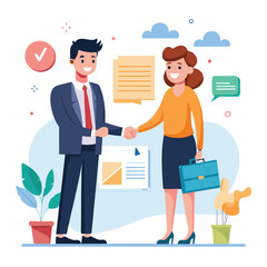 People shaking hands at work - Two businesspeople, man and woman doing handshake in office at work while smiling over business agreement and deal. Flat design stock illustration on white background