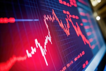 A vivid red line graph shows a downward trend in market data, symbolizing economic challenges. The graph emerges from a digital screen, highlighting data analysis in finance.