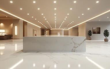 Modern minimalist lobby with marble reception desk and recessed lighting.