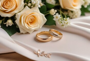 Precious gold rings for newlyweds on a background of flowers. Wedding rings for a couple.
